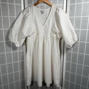 White Crinkle Puff Sleeve Dress Womens Medium Cottagecore Boho Beach Romantic